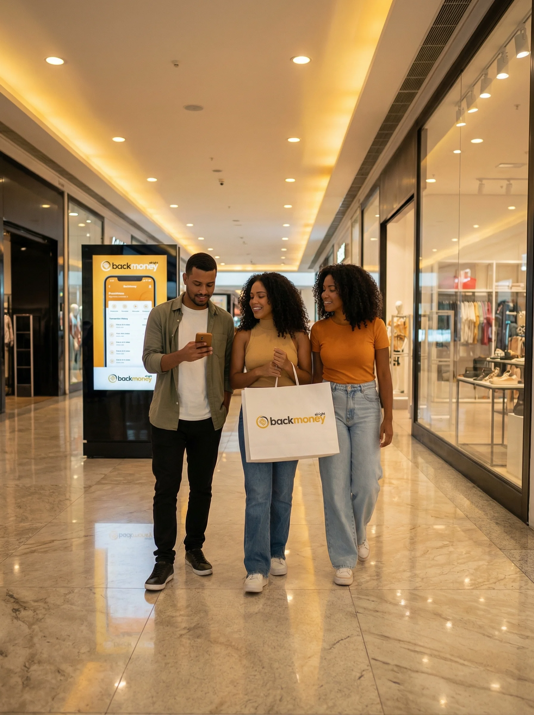 Amigos caminhando em shopping com sacolas BackMoney