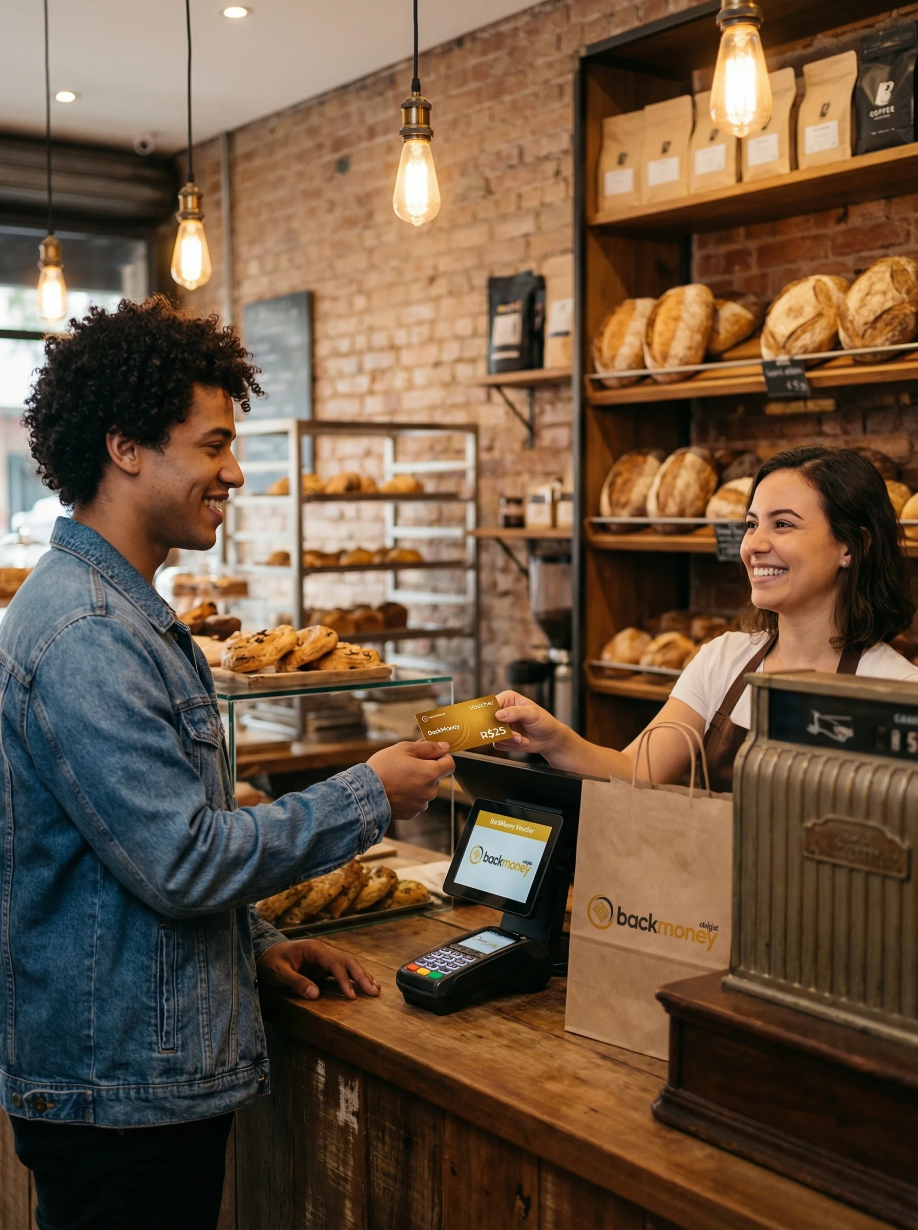 Cliente recebendo voucher BackMoney em padaria artesanal