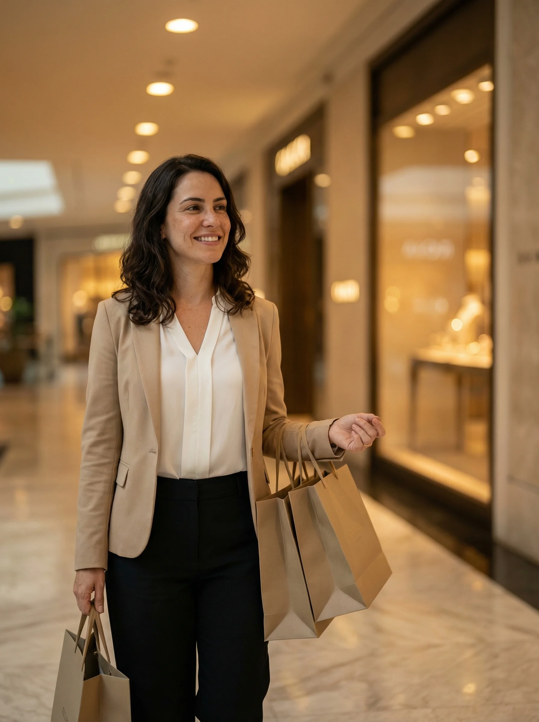 Mulher sorridente com sacolas de compras no shopping