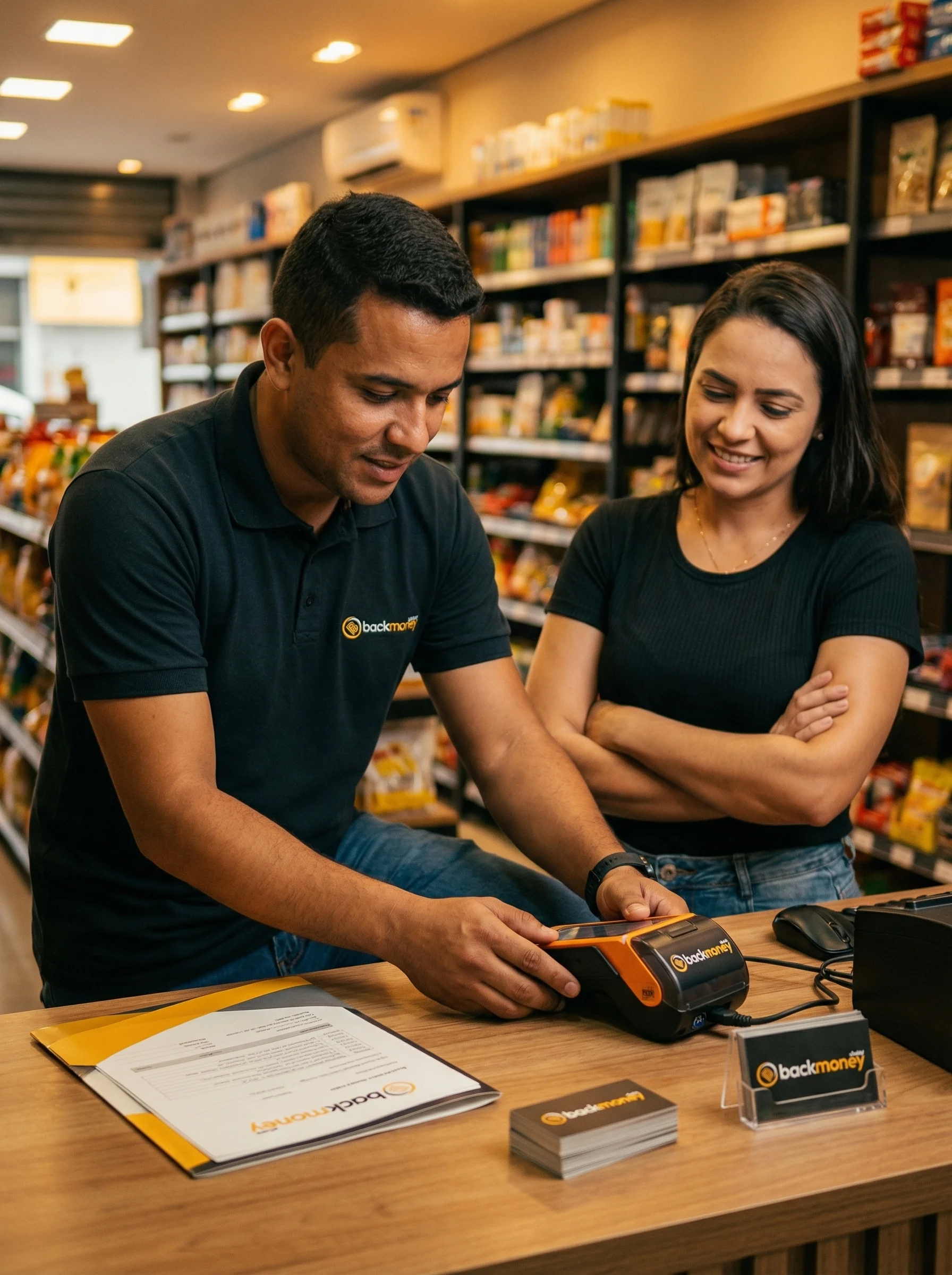 Sublicenciado instalando maquininha BackMoney em loja parceira