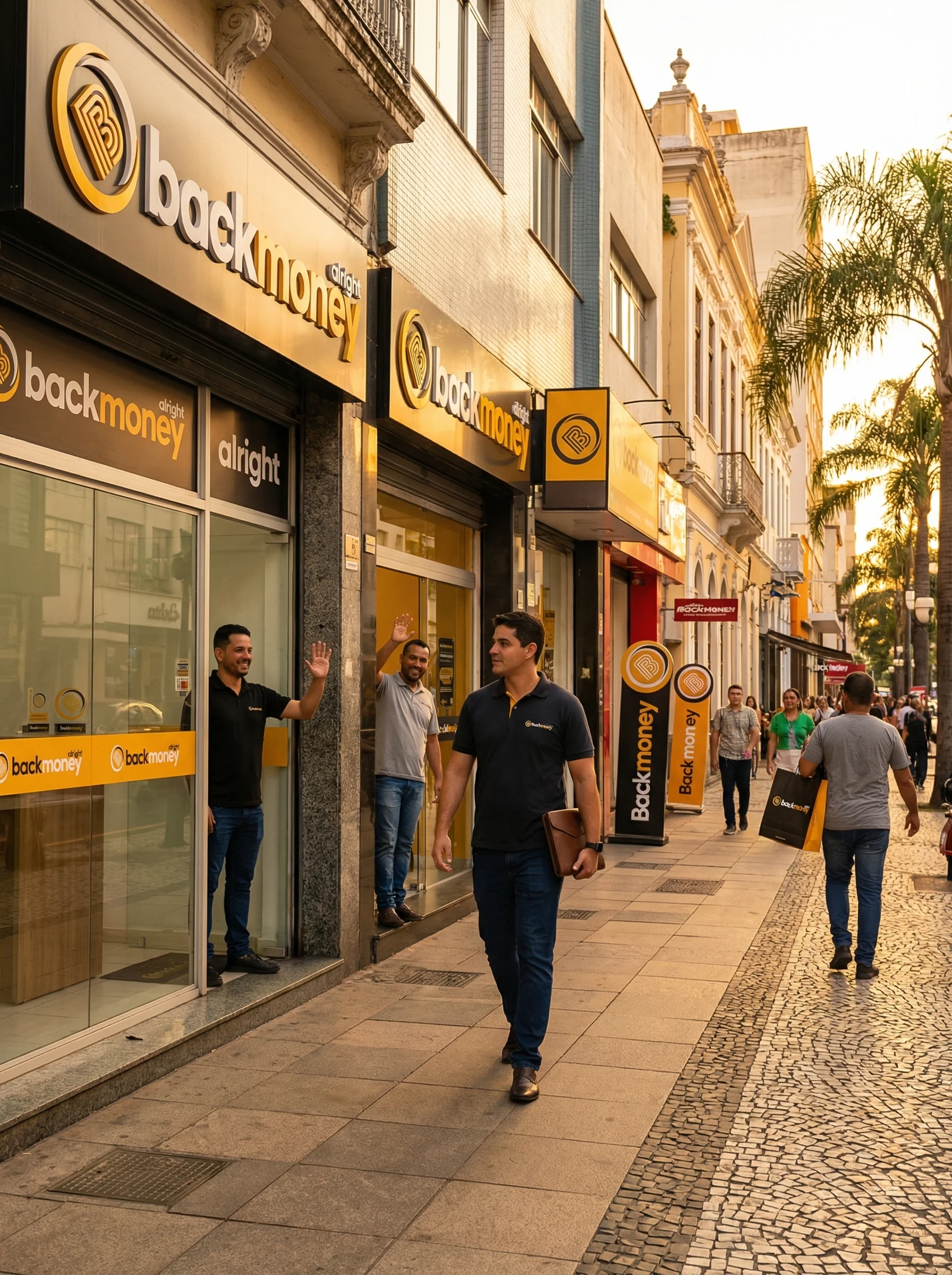 Rua comercial brasileira com múltiplas lojas exibindo a marca BackMoney