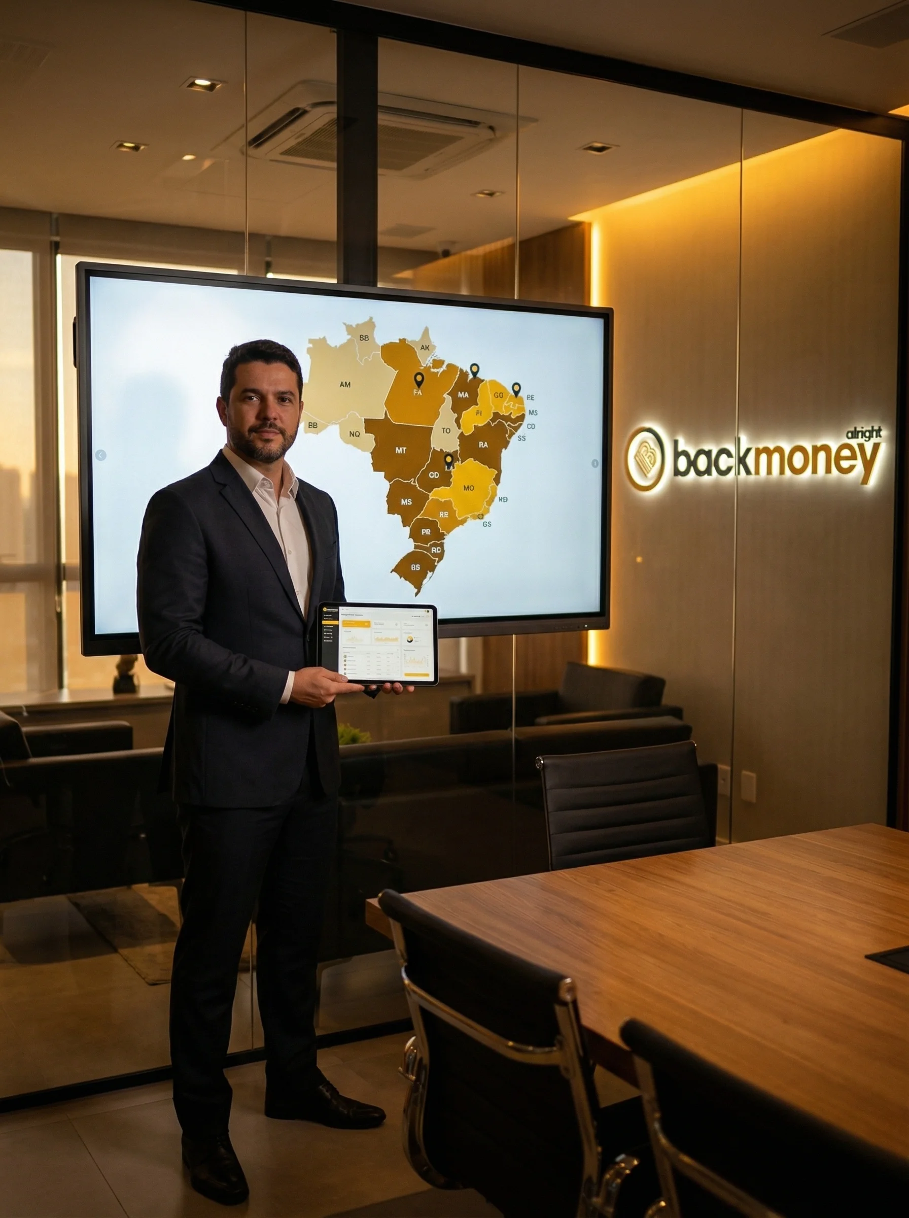 Executivo sublicenciado em frente ao mapa territorial do Brasil com zonas exclusivas BackMoney