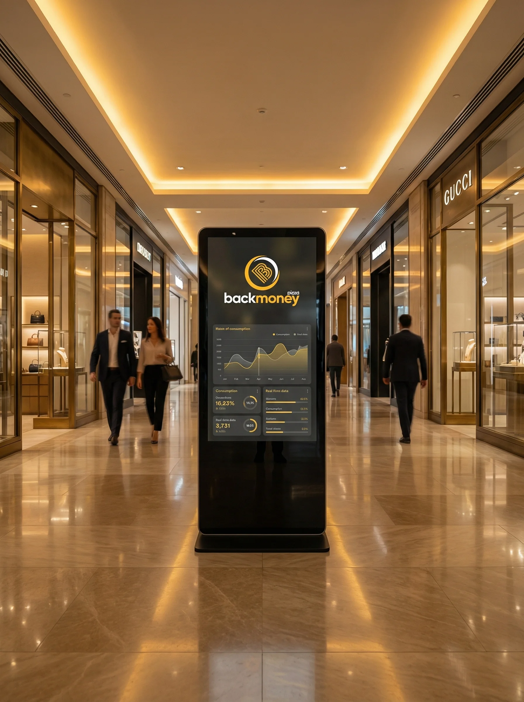 Totem digital BackMoney no corredor do shopping center
