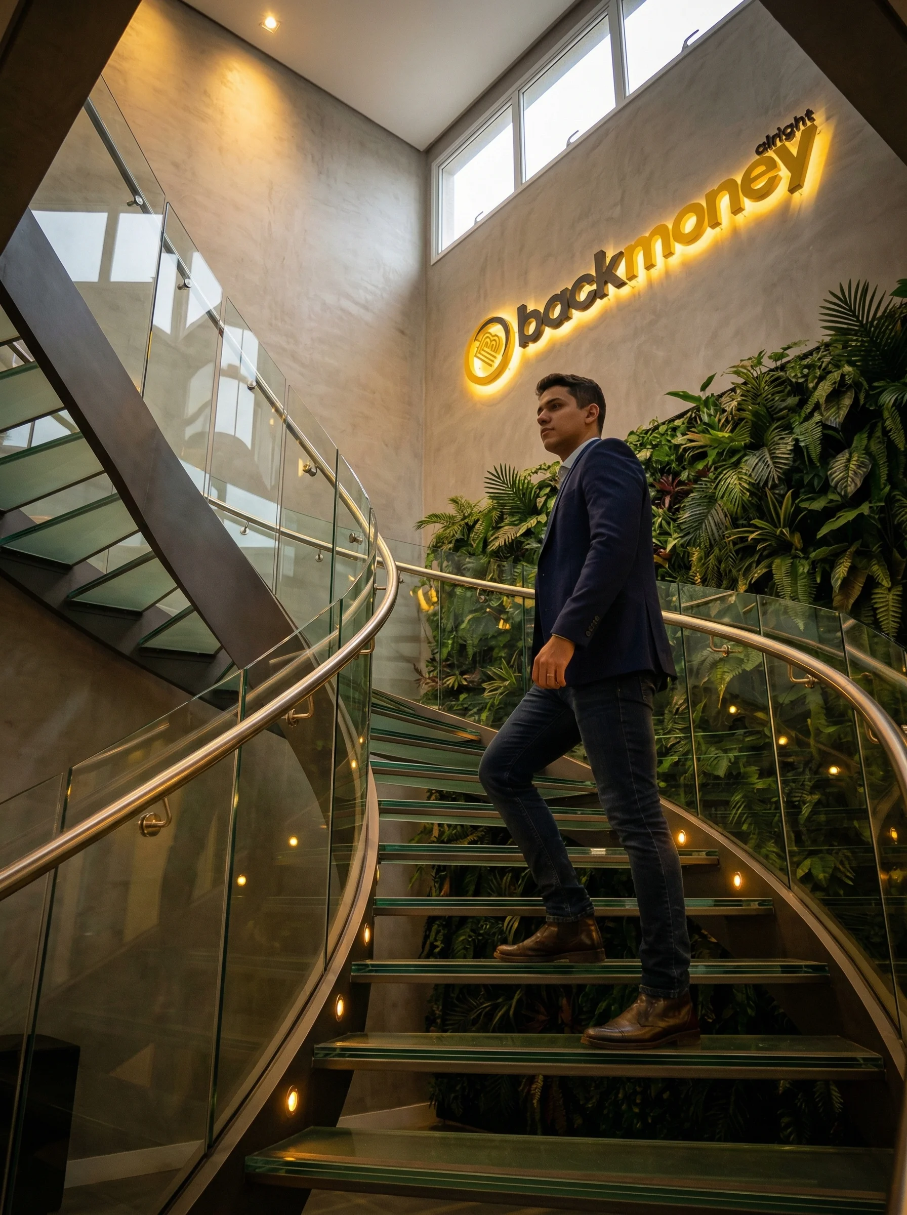 Jovem profissional subindo escadaria espiral moderna com logo BackMoney iluminado em neon dourado