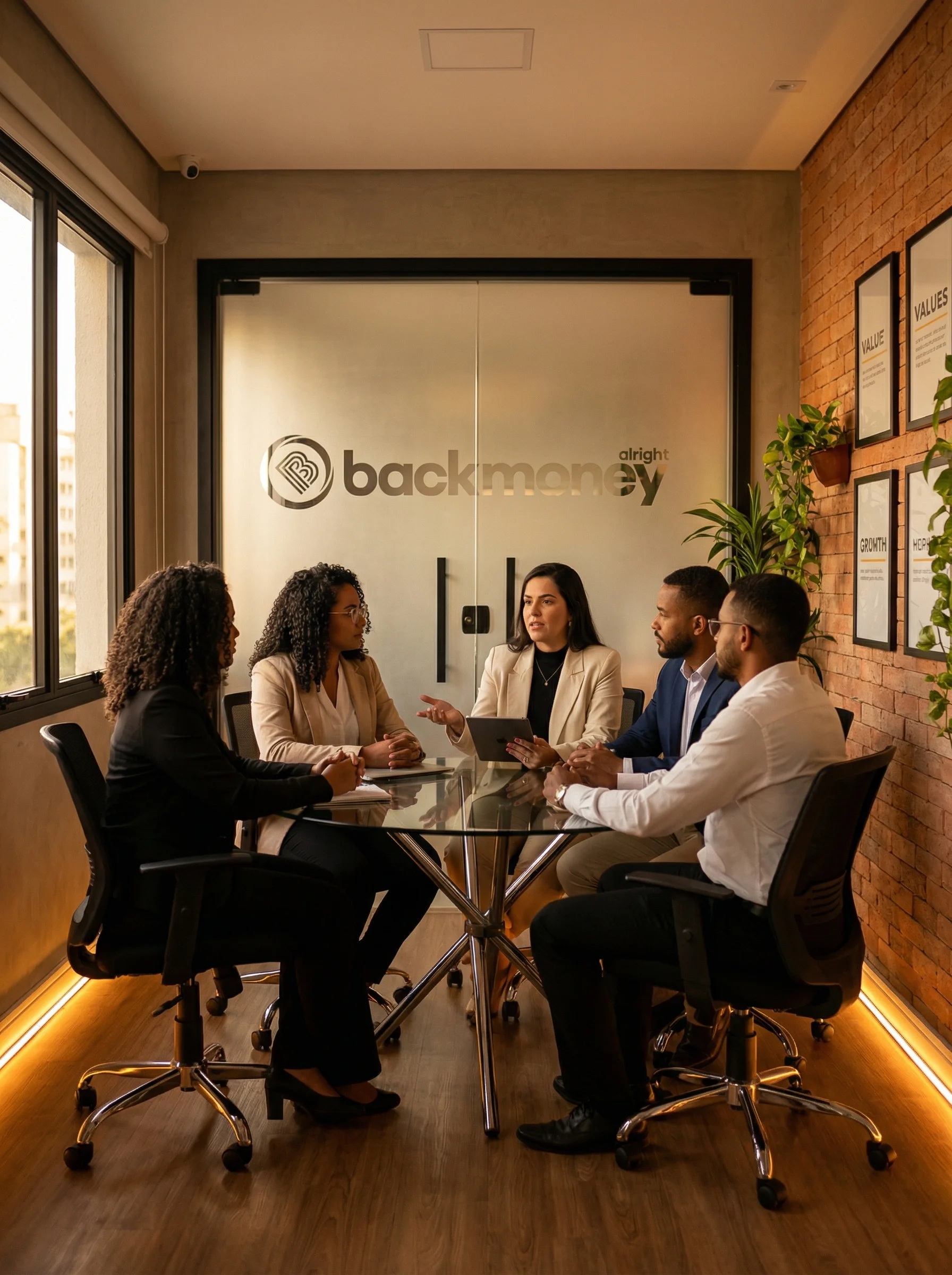 Reunião de equipe diversa em boardroom BackMoney com logo na parede de vidro e iluminação quente