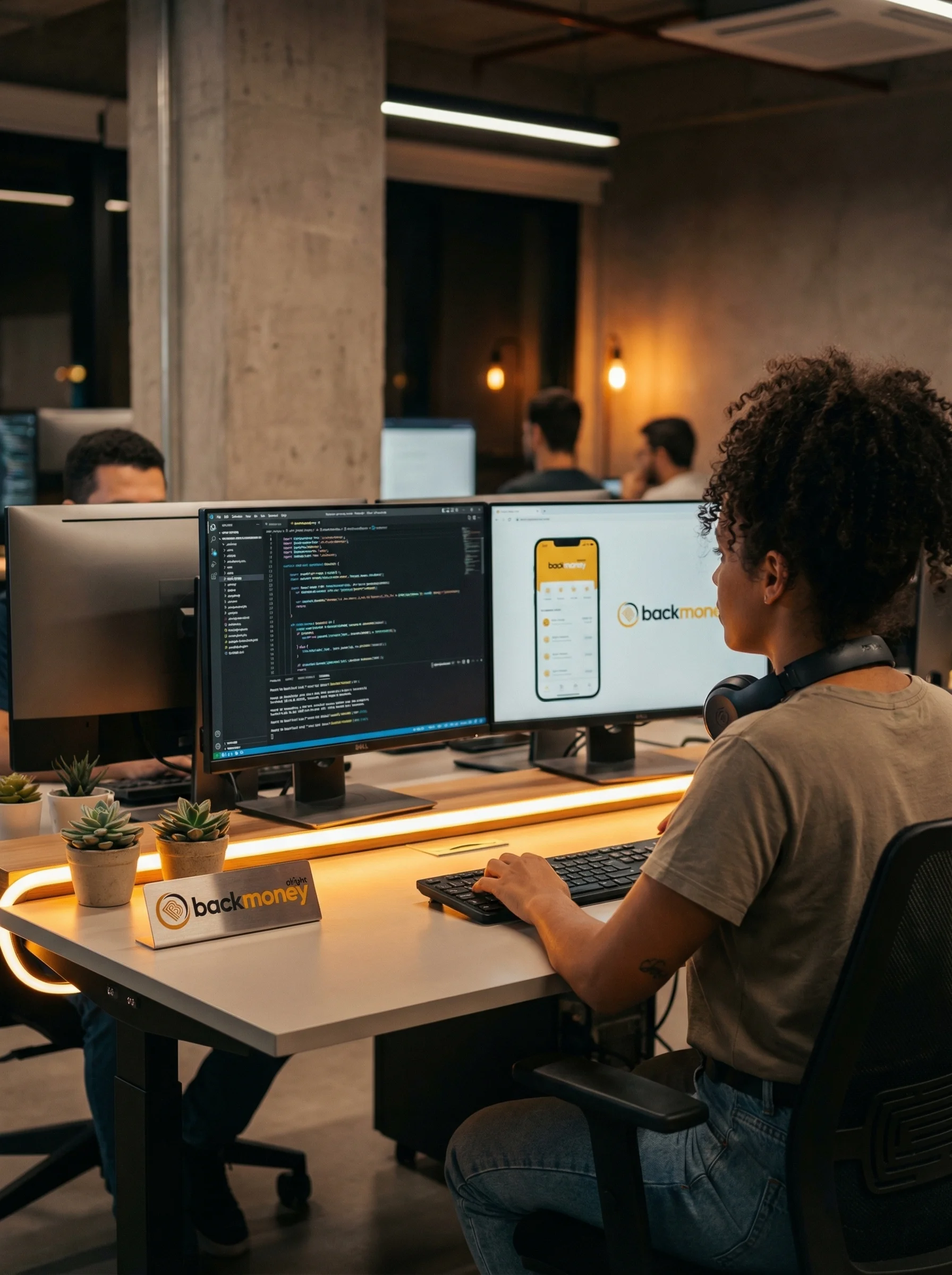 Desenvolvedora brasileira em standing desk com dual monitor mostrando código e app BackMoney