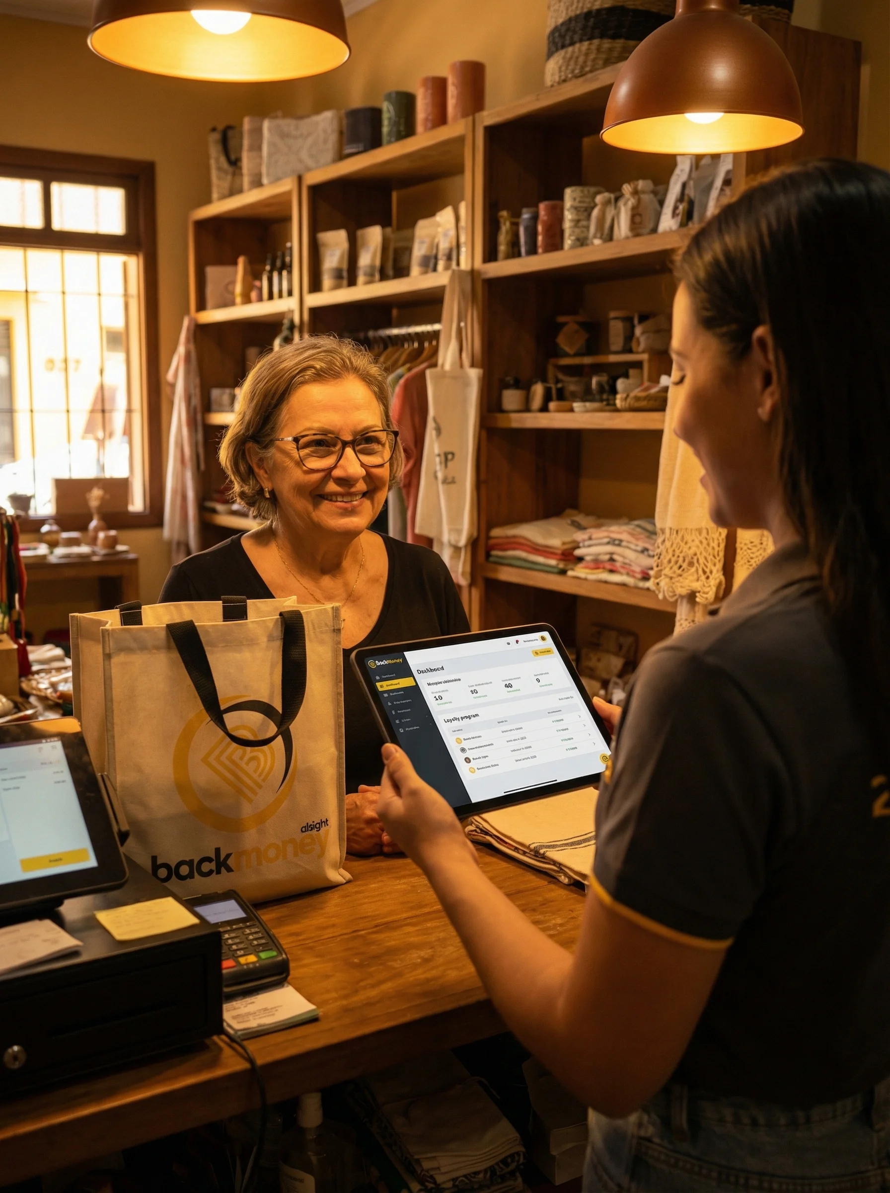 Colaboradora BackMoney treinando lojista em loja local com tablet mostrando dashboard de fidelização
