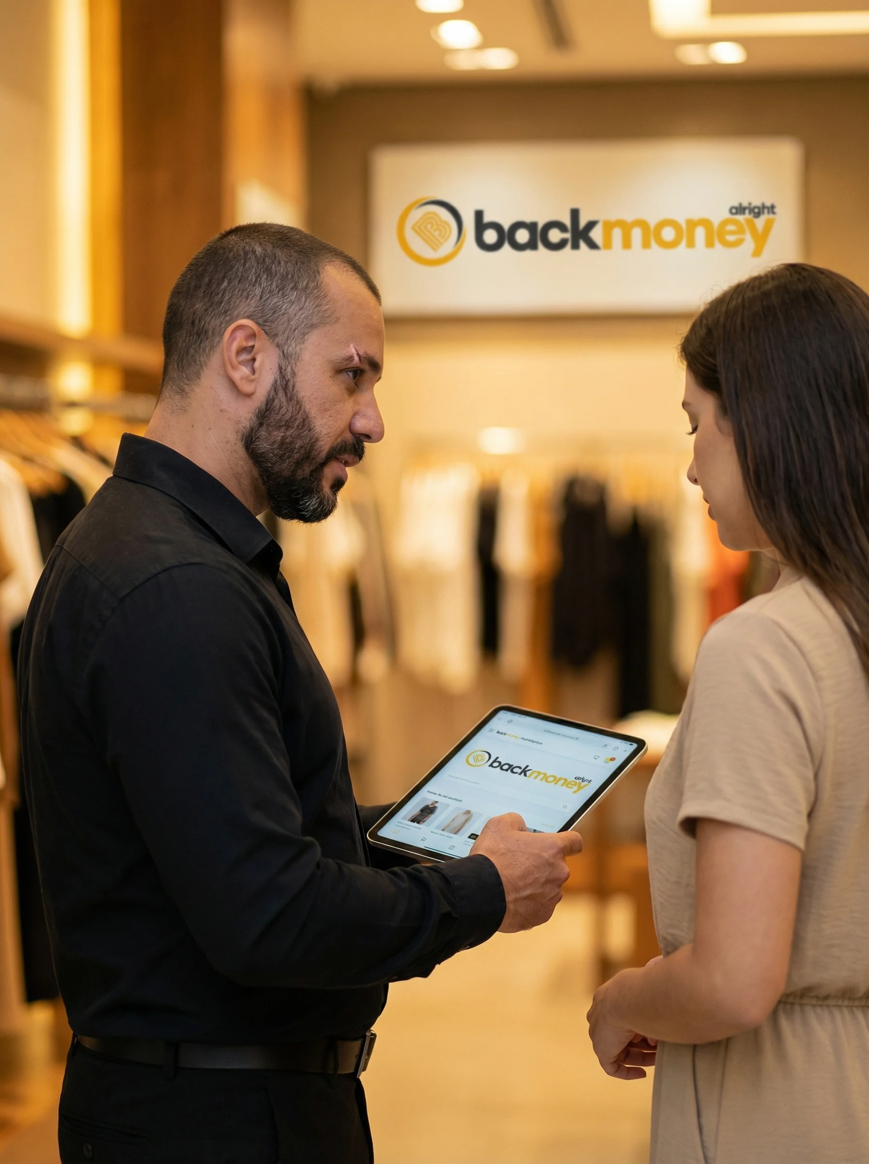 Vendedor mostrando o app BackMoney no tablet para cliente na loja