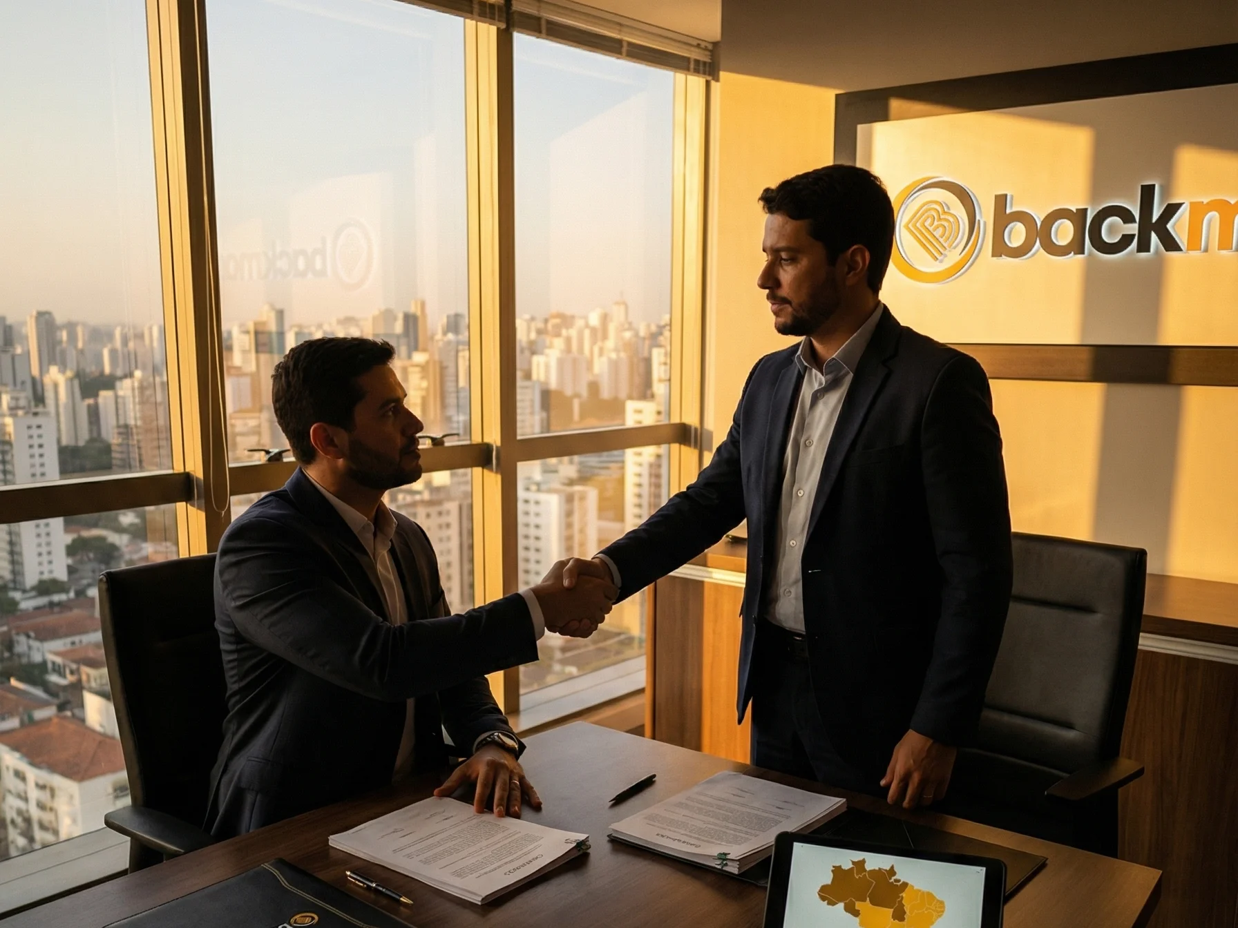 Dois empresários brasileiros fechando contrato de sublicenciamento BackMoney em escritório executivo