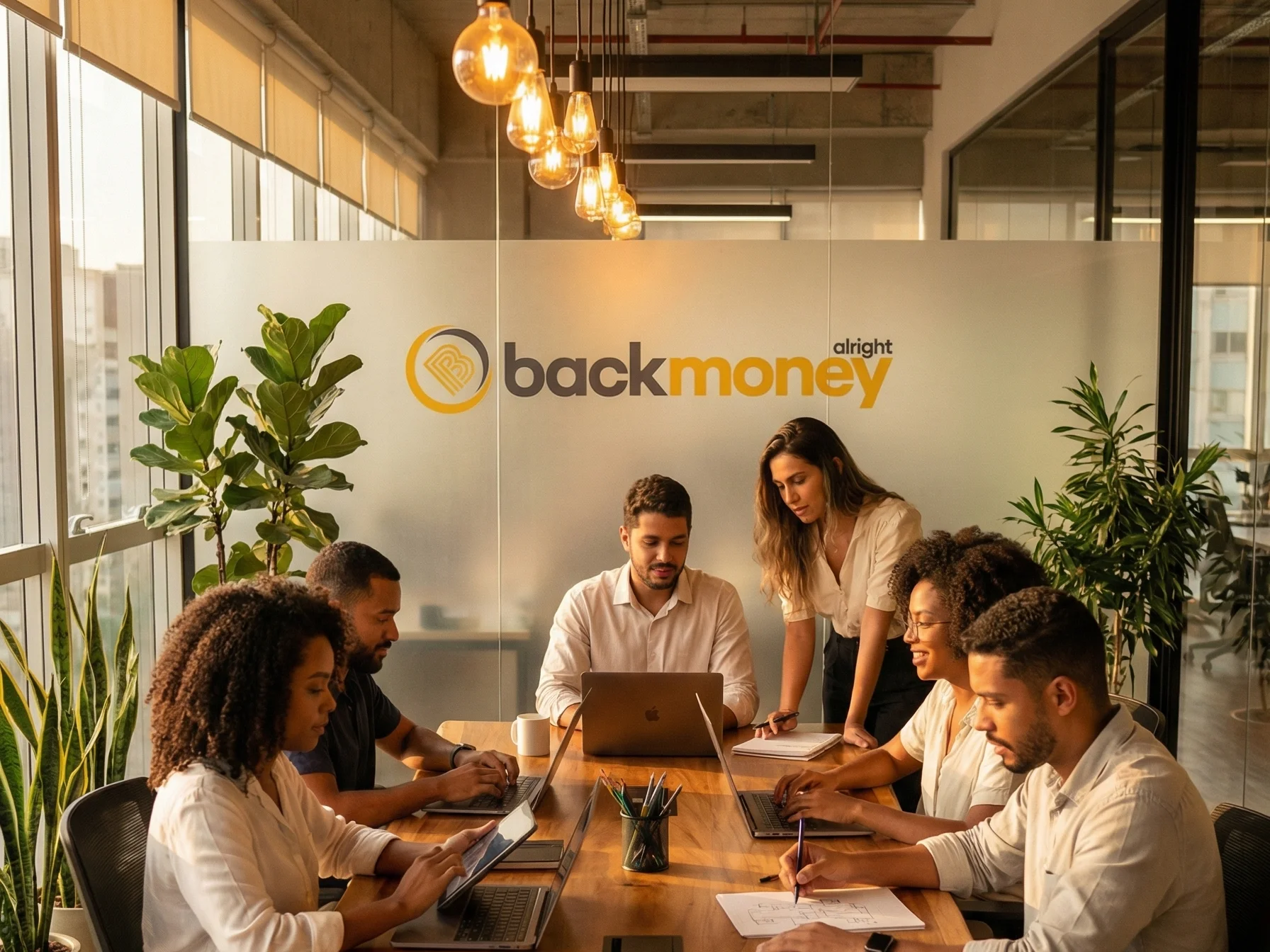 Equipe diversa BackMoney colaborando em escritório open-plan moderno com iluminação dourada golden hour
